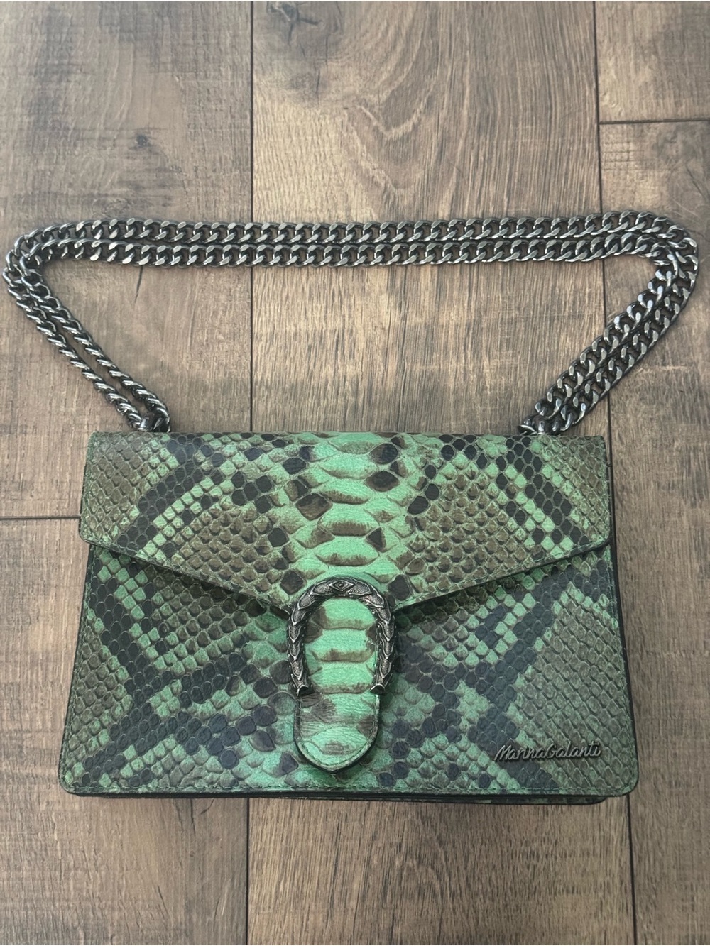 Marina Galanti Green Faux Snake Embossed Leather Dionysus Style Shoulder Bag